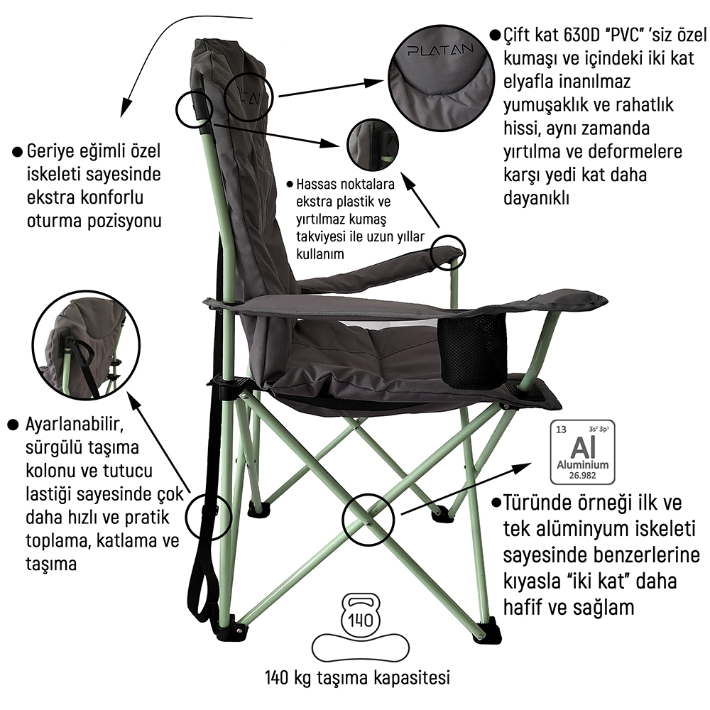 Platan Chair Ones-L Hafif Katlanır Kamp Piknik Sandalyesi - Koltuğu XL